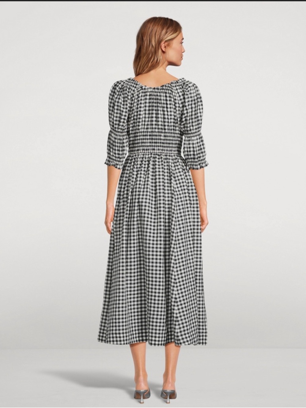 Doen Black & White Gingham Puff-Sleeve Midi Dress with Shirred Bodice - Picture 4 of 5